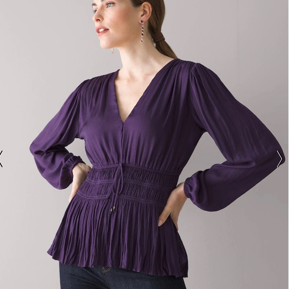 NWT WHBM Long-Sleeve Fitted Waist Blouse Cosmic Violet XXS. Peplum.